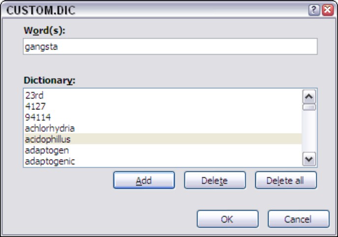 Figure 4-19: Edit the words in a custom dictionary in this dialog box.